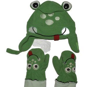 TODDLERS boys girls ONE SIZE FLEECE FROG HAT MITTENS